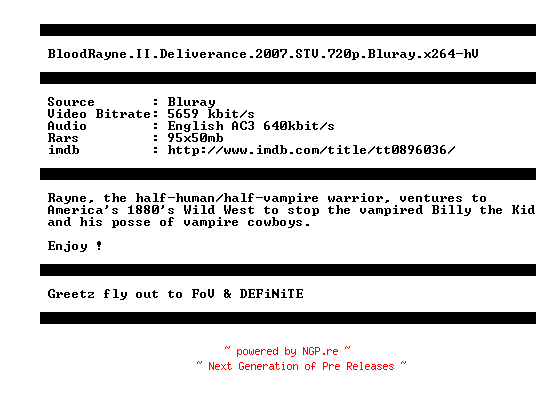 NFO for the release BloodRayne.II.Deliverance.2007.STV.720p.Bluray.x264-hV by hV