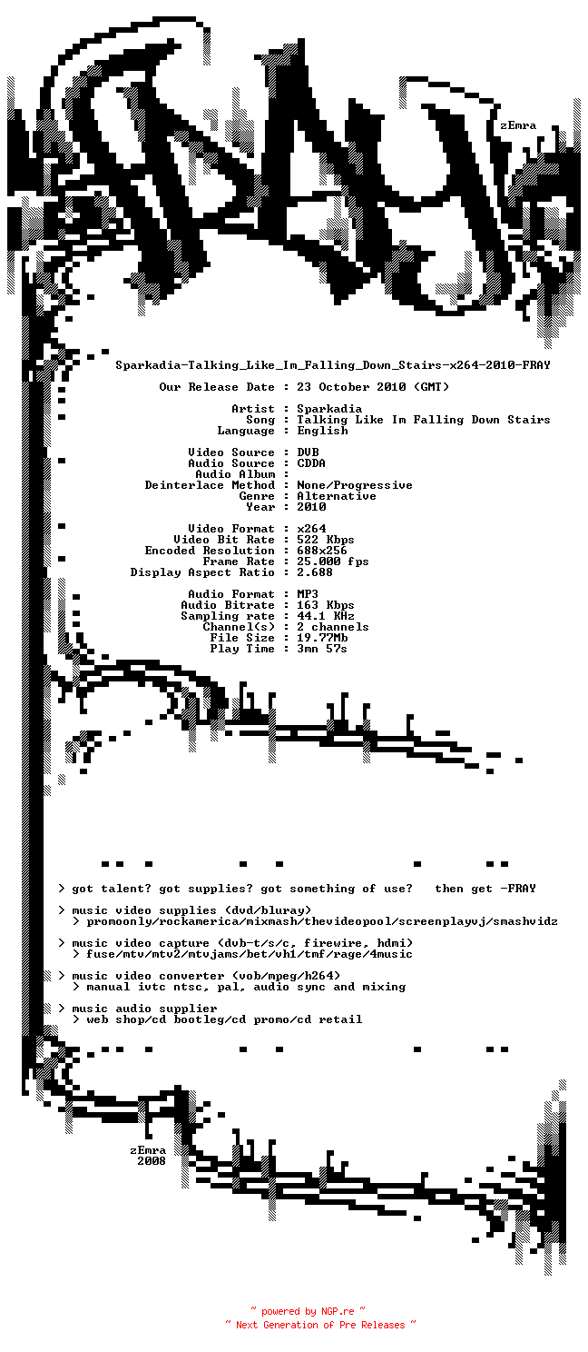 NFO for the release Sparkadia-Talking_Like_Im_Falling_Down_Stairs-x264-2010-FRAY by FRAY