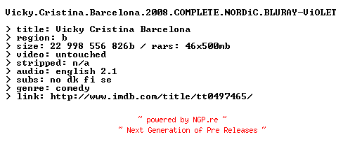 NFO for the release Vicky.Cristina.Barcelona.2008.COMPLETE.NORDiC.BLURAY-ViOLET by ViOLET