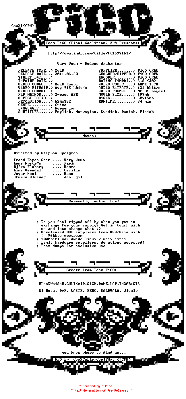 NFO for the release Varg.Veum.Dodens.Drabanter.2011.BDRip.XviD-FiCO by FiCO
