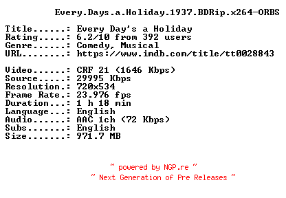 NFO for the release Every.Days.a.Holiday.1937.BDRip.x264-ORBS by ORBS