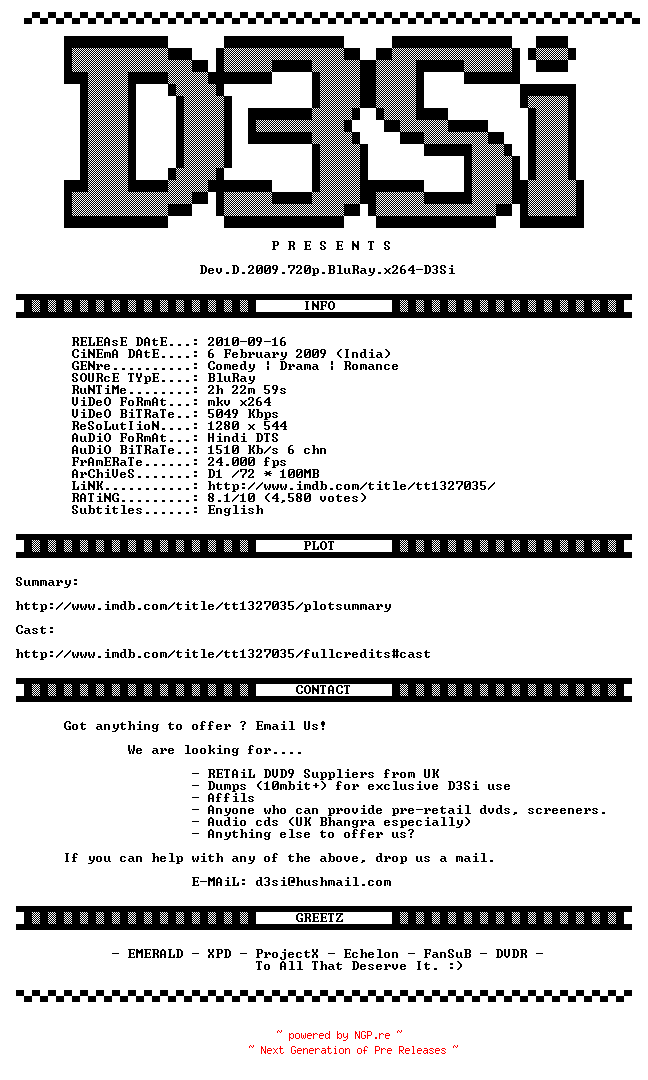 NFO for the release Dev.D.2009.720p.BluRay.x264-D3Si by D3Si