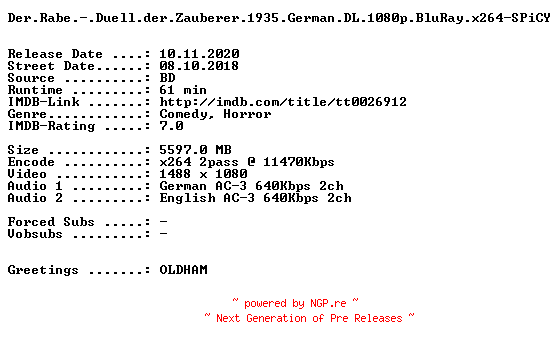 NFO for the release Der.Rabe.-.Duell.der.Zauberer.1935.German.DL.1080p.BluRay.x264.DiRFiX.NFOFiX-SPiCY by SPiCY