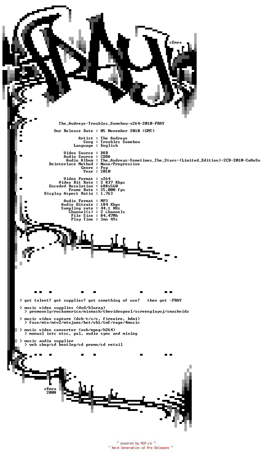 NFO for the release The_Audreys-Troubles_Somehow-x264-2010-FRAY by FRAY