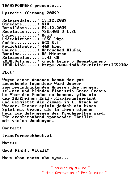 NFO for the release Upstairs.German.AC3.BDRip.XviD-TRANSFORMERS by TRANSFORMERS