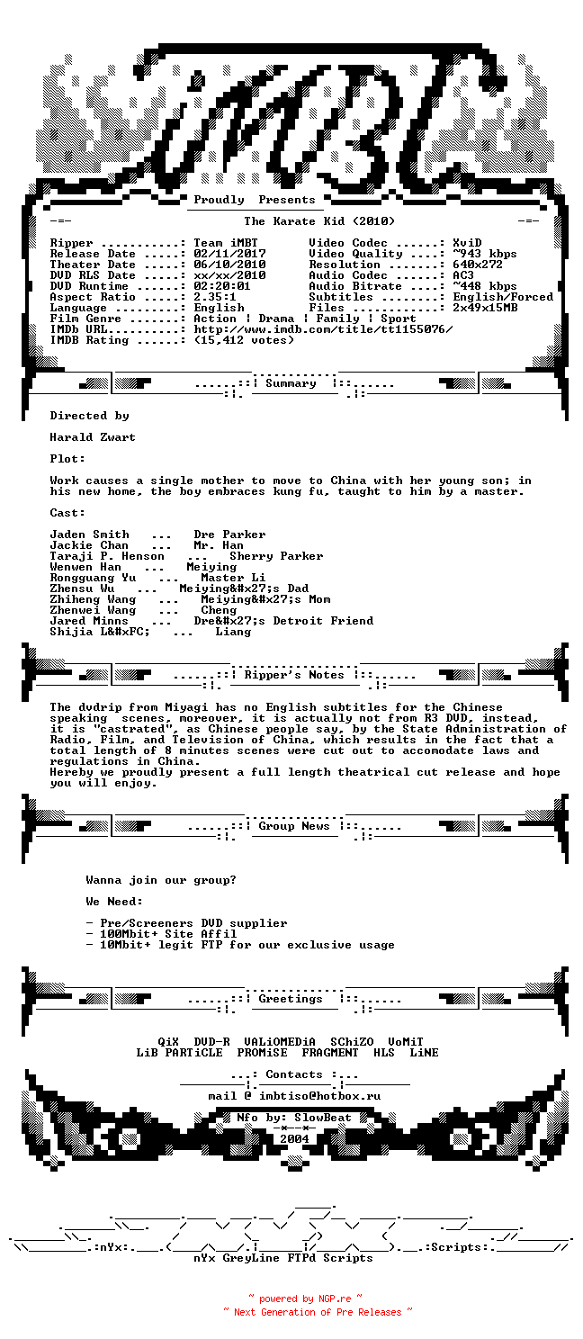 NFO for the release The.Karate.Kid.2010.PROPER.BDRip.XviD-iMBT by iMBT