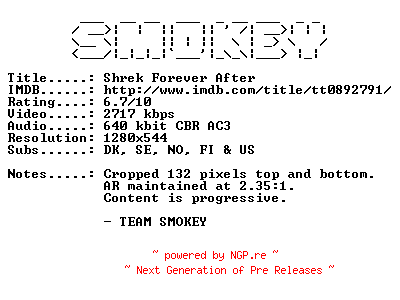 NFO for the release Shrek.Forever.After.2010.SWEDISH.720p.Bluray.x264-SMOKEY by SMOKEY