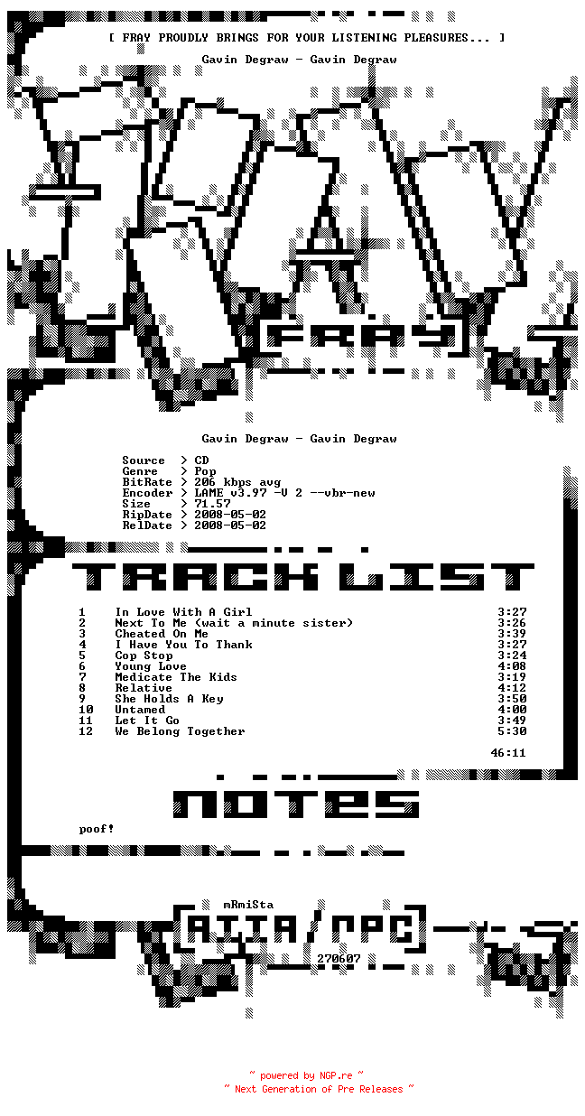 NFO for the release Gavin_Degraw-Gavin_Degraw-2008-FRAY by FRAY