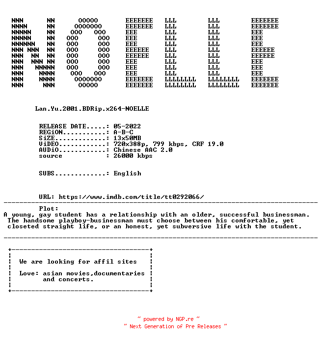 NFO for the release Lan.Yu.2001.iNTERNAL.BDRip.x264-NOELLE by NOELLE
