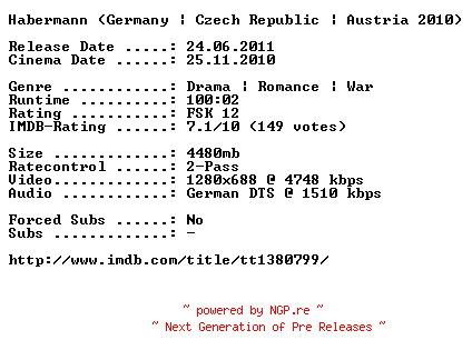 NFO for the release Habermann.2010.German.720p.BluRay.x264-EHEC by EHEC