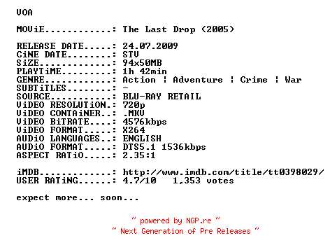 NFO for the release The.Last.Drop.2005.720p.BluRay.x264-VOA by VOA