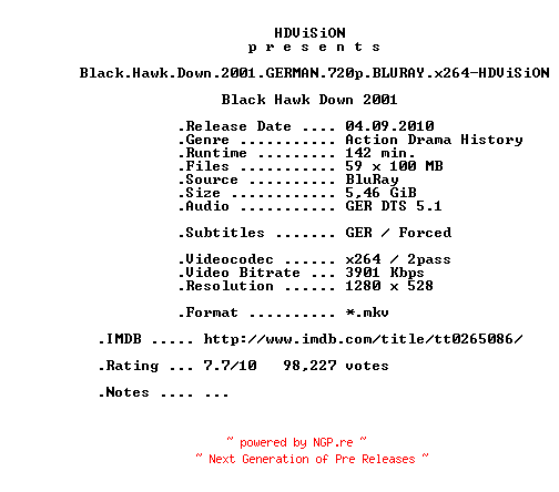 NFO for the release Black.Hawk.Down.2001.GERMAN.720p.BLURAY.x264-HDViSiON by HDViSiON
