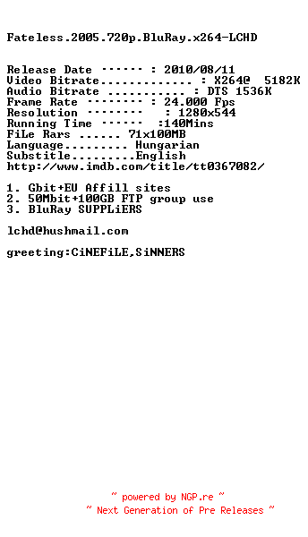 NFO for the release Fateless.2005.720p.BluRay.x264-LCHD by LCHD