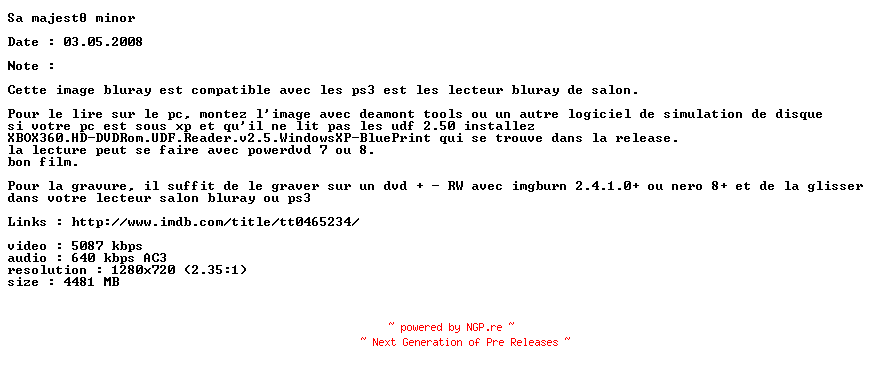 NFO for the release Sa.Majeste.Minor.720p.FRENCH.BluRay.x264-iDHD by iDHD