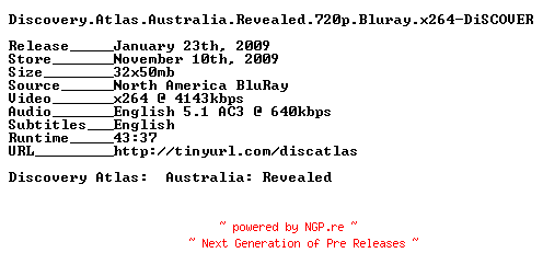NFO for the release Discovery.Atlas.Australia.Revealed.720p.Bluray.x264-DiSCOVER by DiSCOVER