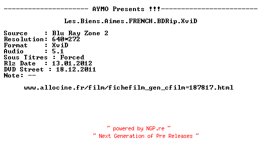 NFO for the release Les.Biens.Aimes.FRENCH.BDRip.XviD-AYMO by AYMO