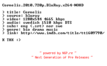 NFO for the release Cornelis.2010.720p.BluRay.x264-NOHD by NOHD