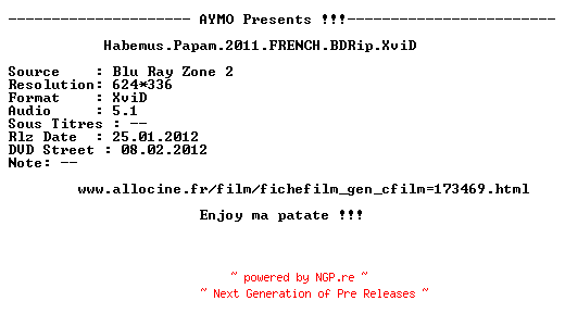 NFO for the release Habemus.Papam.2011.FRENCH.BDRip.XviD-AYMO by AYMO
