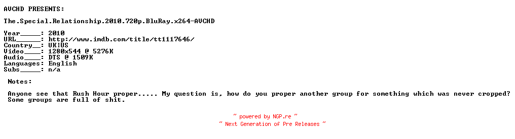 NFO for the release The.Special.Relationship.2010.720p.BluRay.x264-AVCHD by AVCHD