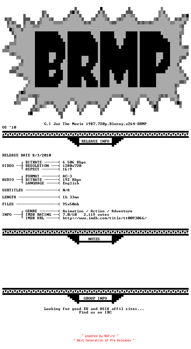 NFO for the release G.I.Joe.The.Movie.1987.720p.BluRay.x264-BRMP by BRMP