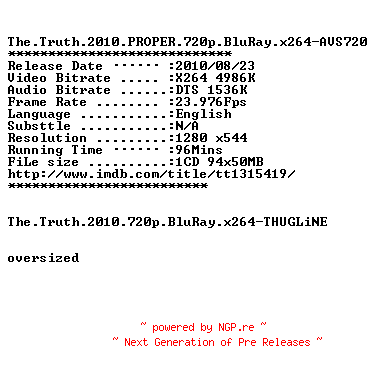 NFO for the release The.Truth.2010.PROPER.720p.BluRay.x264-AVS720 by AVS720