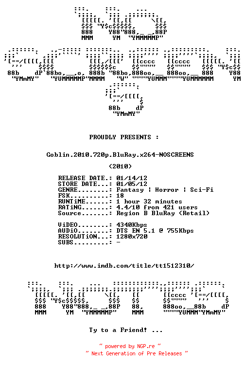 NFO for the release Goblin.2010.720p.BluRay.x264-NOSCREENS by NOSCREENS