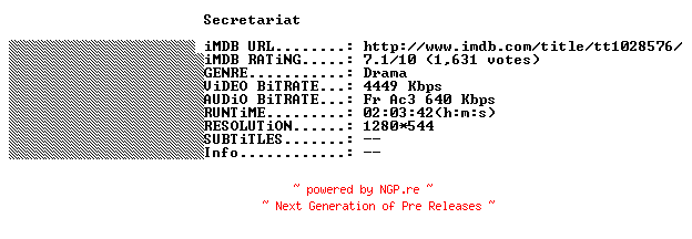 NFO for the release Secretariat.2010.FRENCH.720p.BluRay.x264-THENiGHTMAREiNHD by THENiGHTMAREiNHD