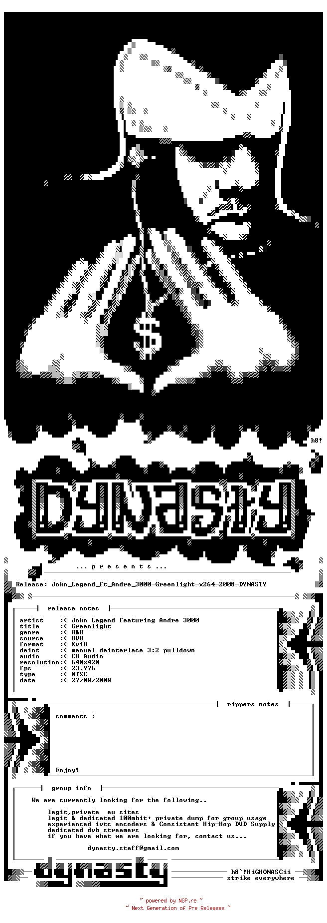NFO for the release John_Legend_ft_Andre_3000-Greenlight-x264-2008-DYNASTY by DYNASTY