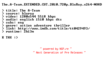 NFO for the release The.A-Team.EXTENDED.CUT.2010.720p.BluRay.x264-NOHD by NOHD