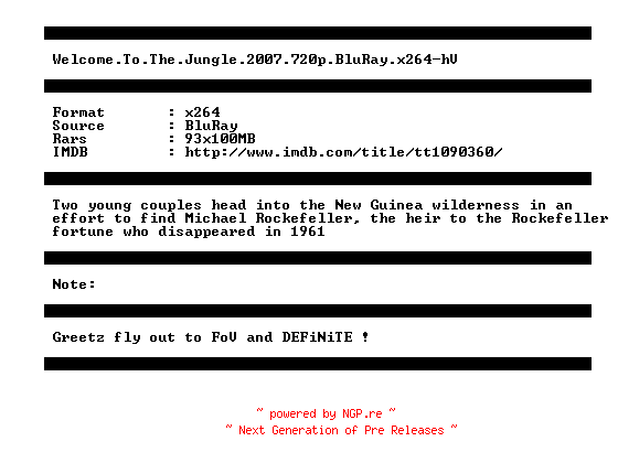 NFO for the release Welcome.To.The.Jungle.2007.720p.BluRay.x264-hV by hV