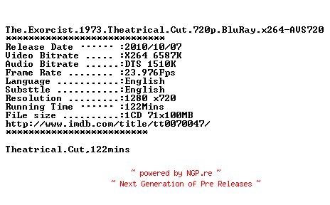 NFO for the release The.Exorcist.1973.Theatrical.Cut.720p.BluRay.x264-AVS720 by AVS720