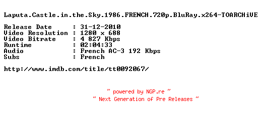 NFO for the release Laputa.Castle.in.the.Sky.1986.FRENCH.720p.BluRay.x264-TOARCHiVE by TOARCHiVE