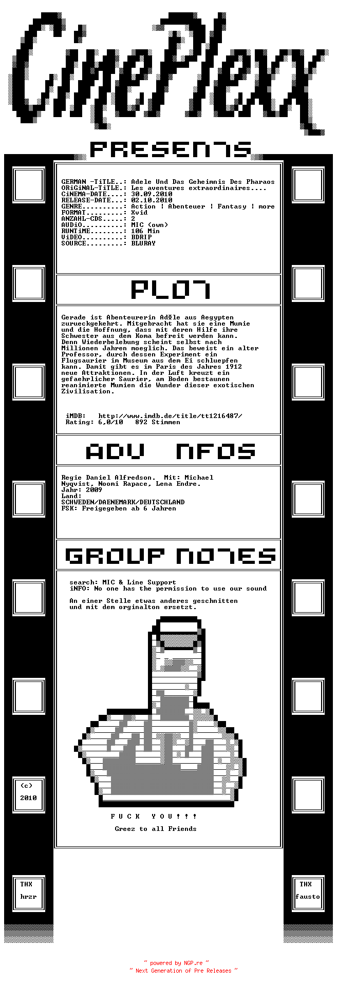 NFO for the release Adele.und.das.Geheimnis.des.Pharaos.BDRiP.MD.German.XviD-CinePlexx by CinePlexx