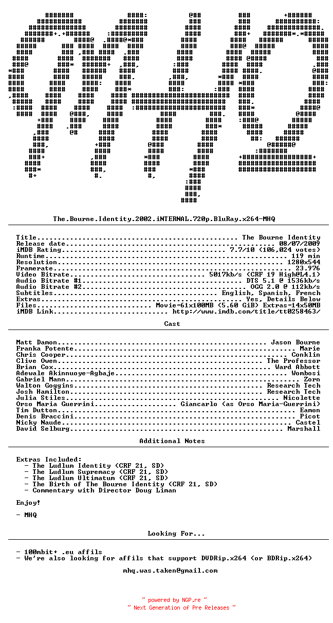 NFO for the release The.Bourne.Identity.2002.iNTERNAL.720p.BluRay.x264-MHQ by MHQ