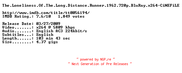 NFO for the release The.Loneliness.Of.The.Long.Distance.Runner.1962.720p.BluRay.x264-CiNEFiLE by CiNEFiLE