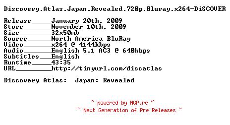 NFO for the release Discovery.Atlas.Japan.Revealed.720p.Bluray.x264-DiSCOVER by DiSCOVER