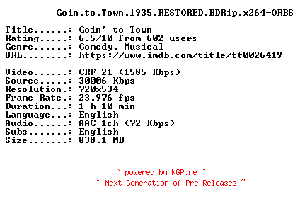 NFO for the release Goin.to.Town.1935.RESTORED.BDRip.x264-ORBS by ORBS