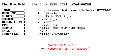 NFO for the release The.Boy.Behind.the.Door.2020.BDRip.x264-GAZER by GAZER