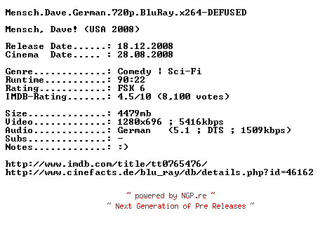 NFO for the release Mensch.Dave.German.720p.BluRay.x264-DEFUSED by DEFUSED