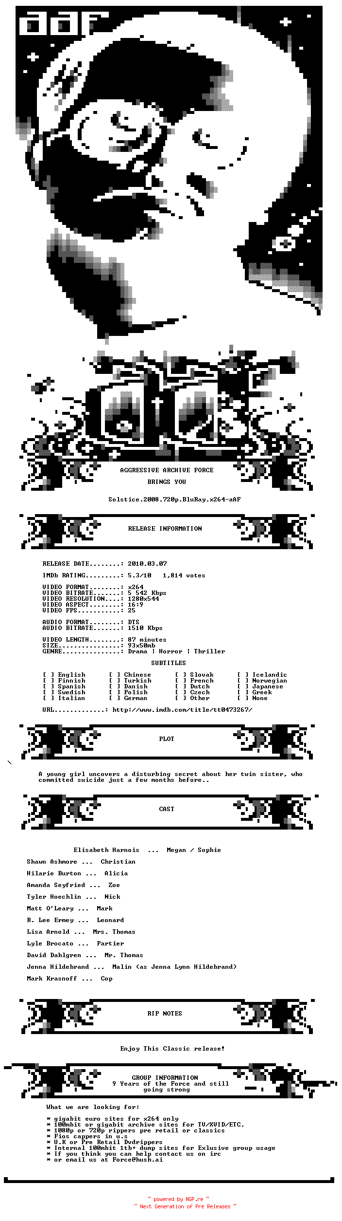 NFO for the release Solstice.2008.720p.BluRay.x264-aAF by aAF