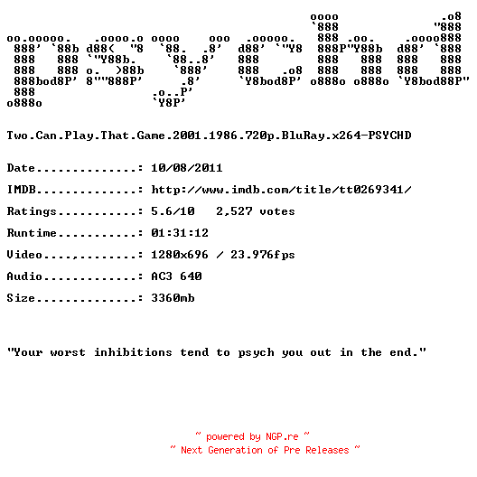 NFO for the release Two.Can.Play.That.Game.2001.720p.BluRay.x264-PSYCHD by PSYCHD