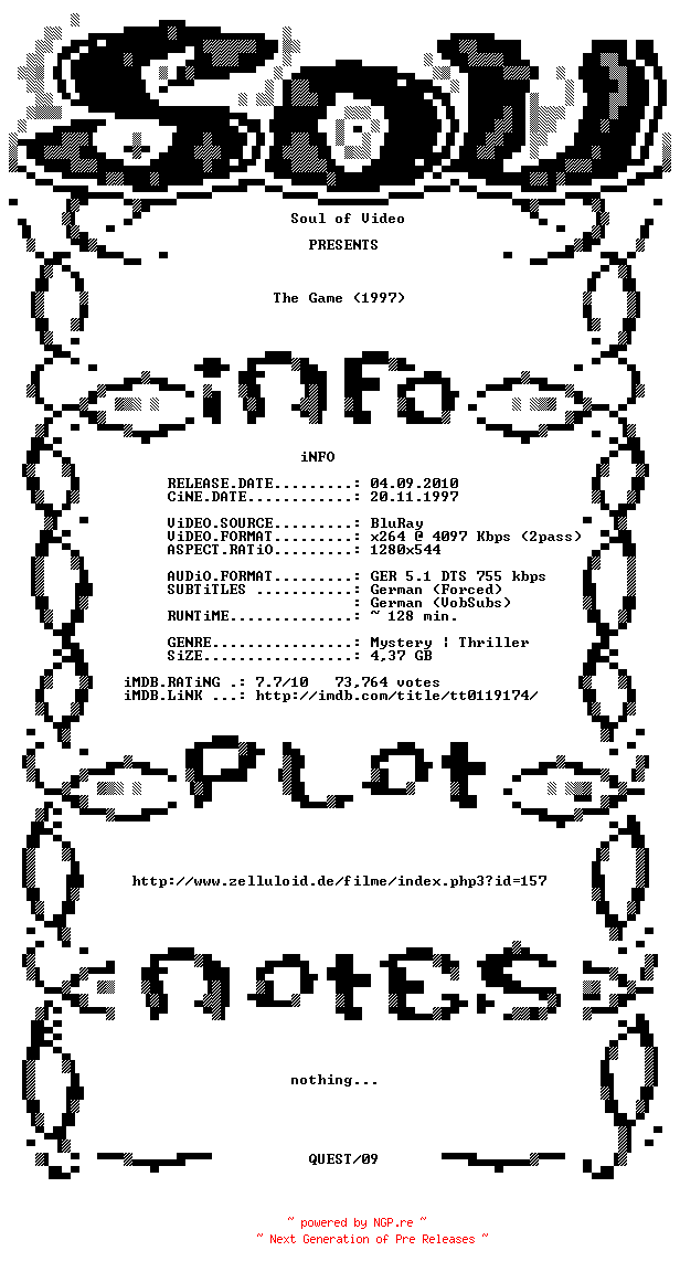 NFO for the release The.Game.1997.German.720p.BluRay.x264.iNTERNAL-SOV by SOV