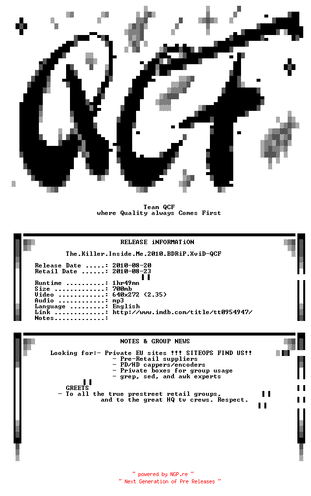 NFO for the release The.Killer.Inside.Me.2010.BDRiP.XviD-QCF by QCF
