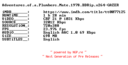NFO for the release Adventures.of.a.Plumbers.Mate.1978.BDRip.x264-GAZER by GAZER
