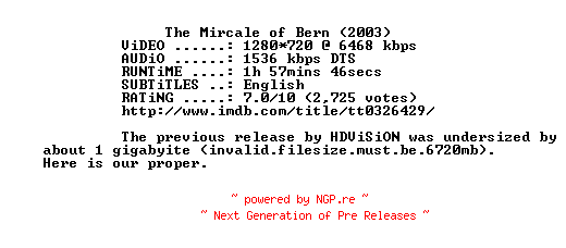 NFO for the release The.Miracle.of.Bern.2003.PROPER.720p.BluRay.x264-MELiTE by MELiTE