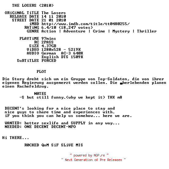 NFO for the release The.Losers.2010.German.DL.720p.BluRay.x264-DECENT by DECENT