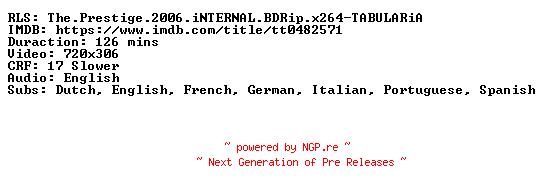 NFO for the release The.Prestige.2006.iNTERNAL.BDRip.x264-TABULARiA by TABULARiA