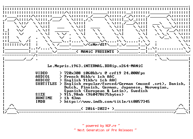 NFO for the release Le.Mepris.1963.iNTERNAL.BDRip.x264-MANiC by MANiC