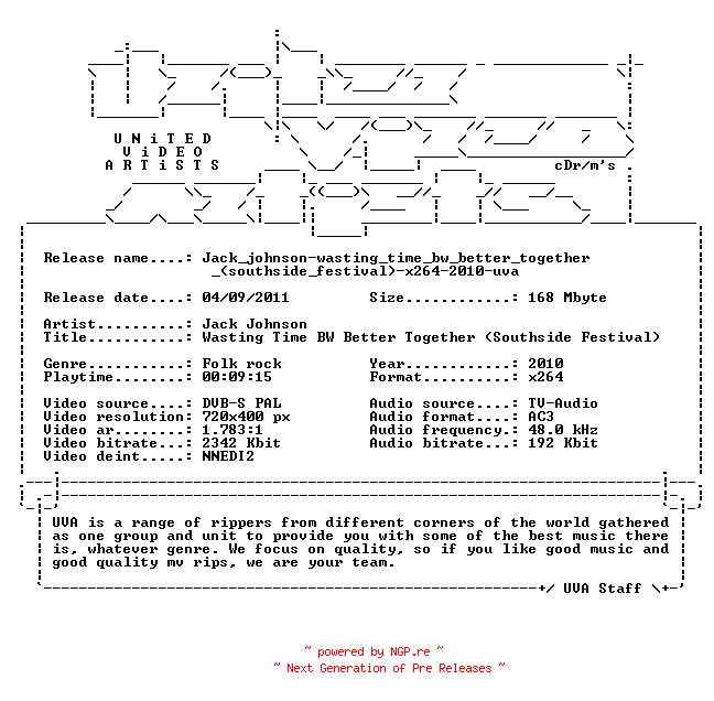 NFO for the release Jack_johnson-wasting_time_bw_better_together_(southside_festival)-x264-2010-uva by uva
