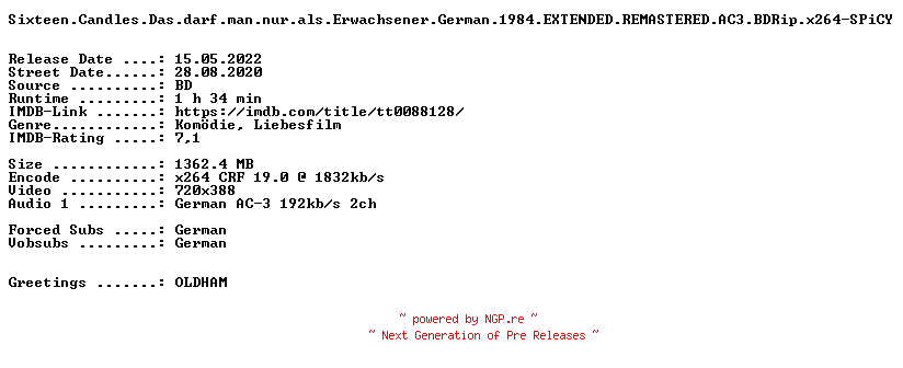 NFO for the release Sixteen.Candles.Das.darf.man.nur.als.Erwachsener.German.1984.EXTENDED.REMASTERED.AC3.BDRip.x264-SPiCY by SPiCY